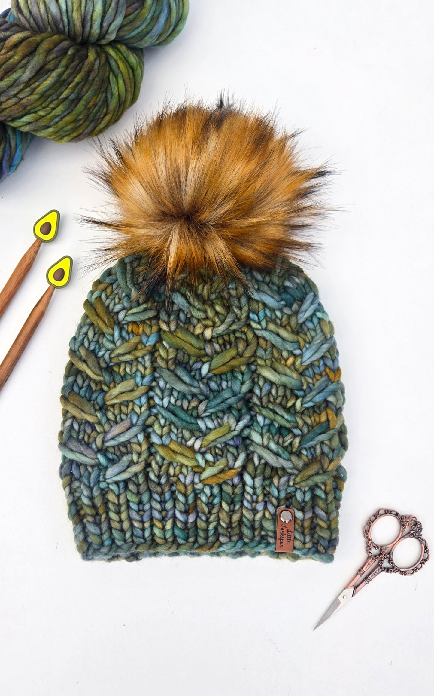 Merino Wool Adult Hand Knit Hat w/ Faux Fur Pom Pom