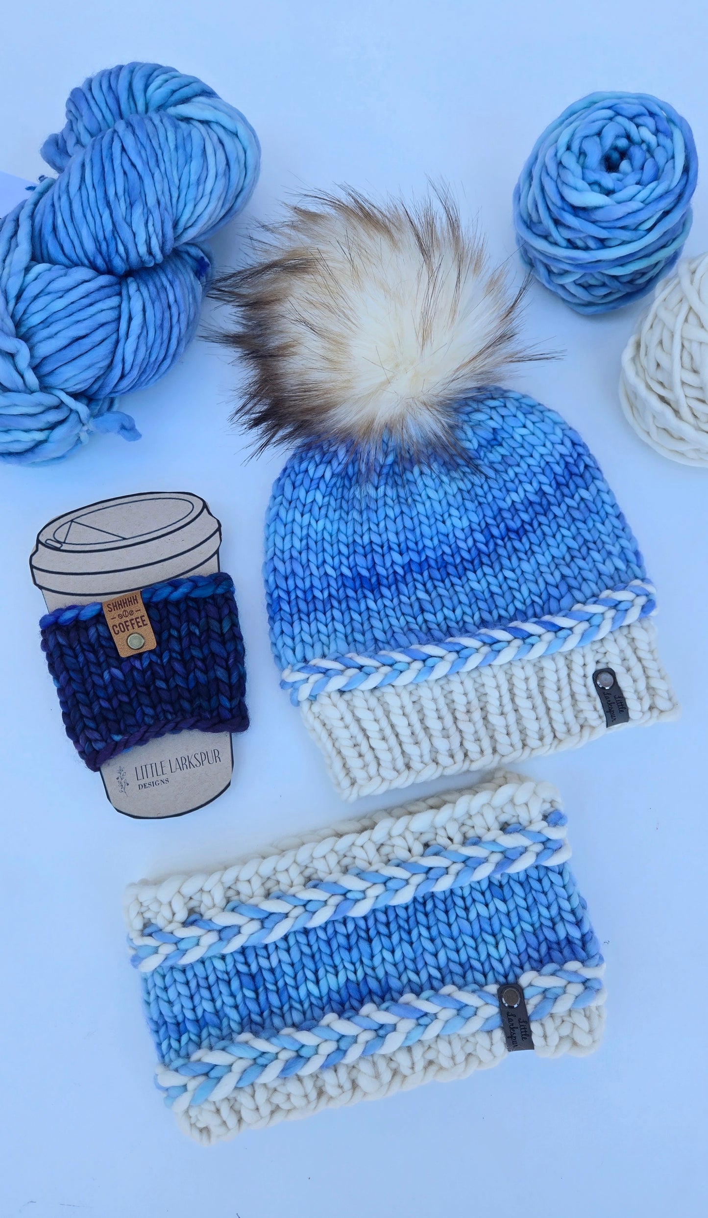 Aquamarine Merino Wool Adult Hand Knit Hat w/ Faux Fur Pom Pom