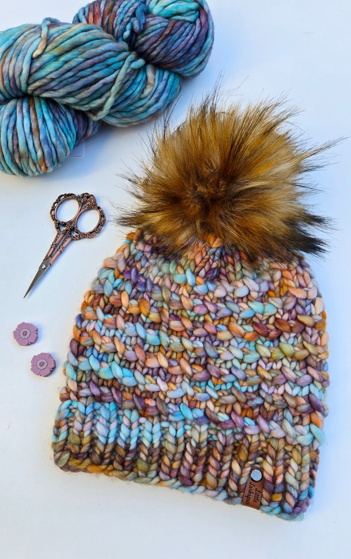 Luxury Adult Merino Wool Hand Knit Hat - Turquoise + Copper