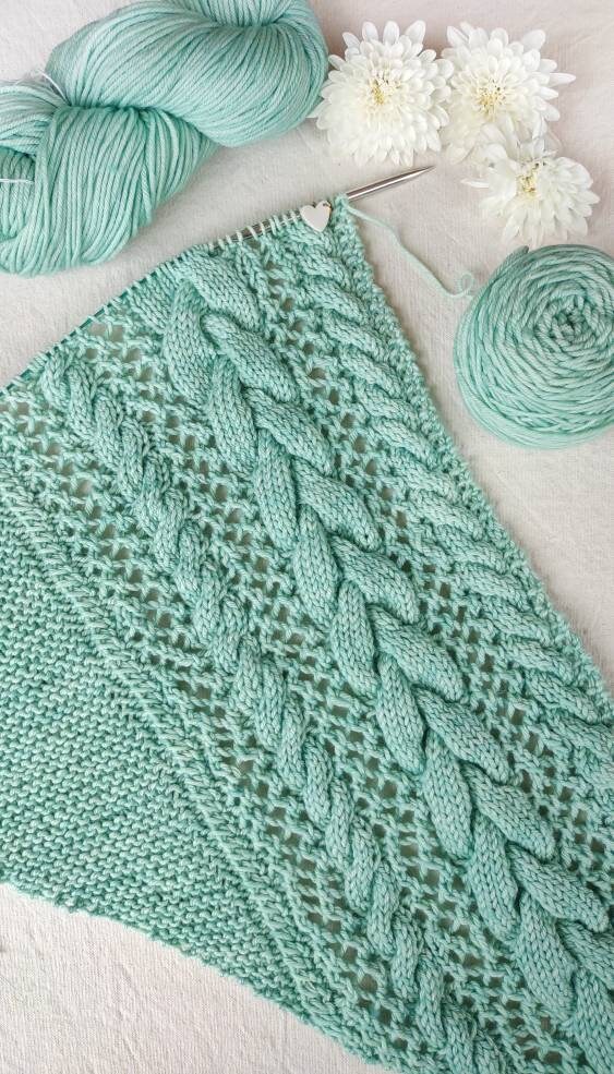 Cabled Hand Knit Shawl, Triangle Scarf. Luxurious Cabled Lace Shawl. 100% Soft Merino Shawl. Water Green Shawl, Scarf. Cozy Winter Shawl