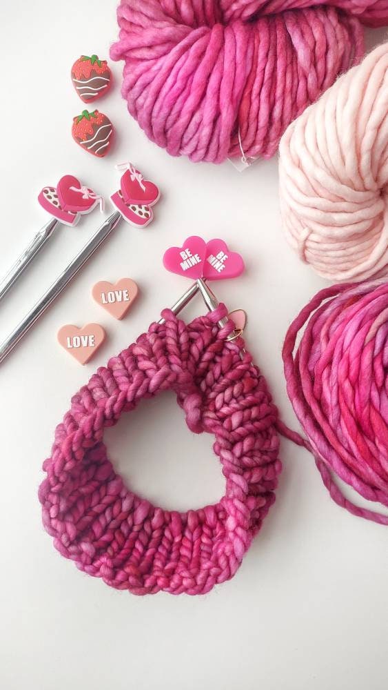 Pink LOVE Heart Knitting Needle Stitch Stoppers. Needle Protectors. Knitting Notions, Accessories, Supplies, Tools. Valentine's Day