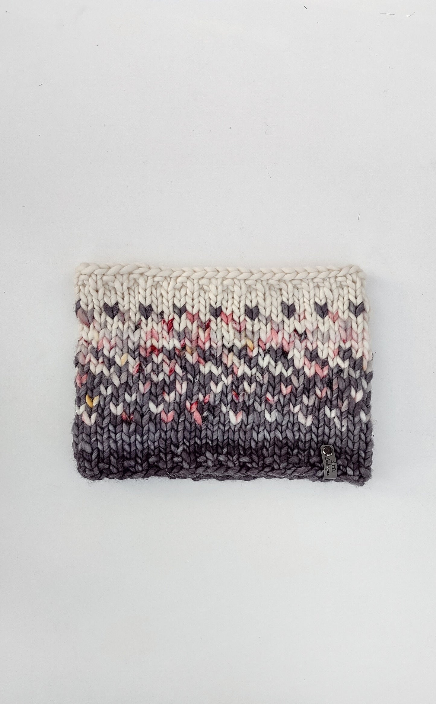 Luxury Hand Knit Cowl. Adult Fair Isle Knit Cowl. 100% Merino Wool Knit Cowl. Gray, light pink and cream Sunrise Cowl. Winter Holiday Gift