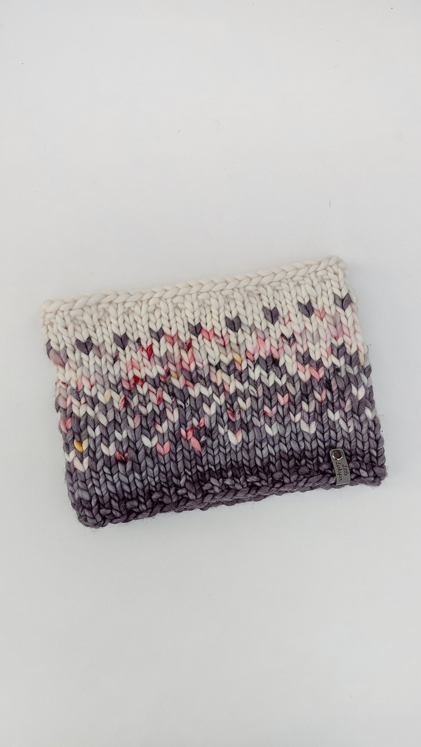 Luxury Hand Knit Cowl. Adult Fair Isle Knit Cowl. 100% Merino Wool Knit Cowl. Gray, light pink and cream Sunrise Cowl. Winter Holiday Gift