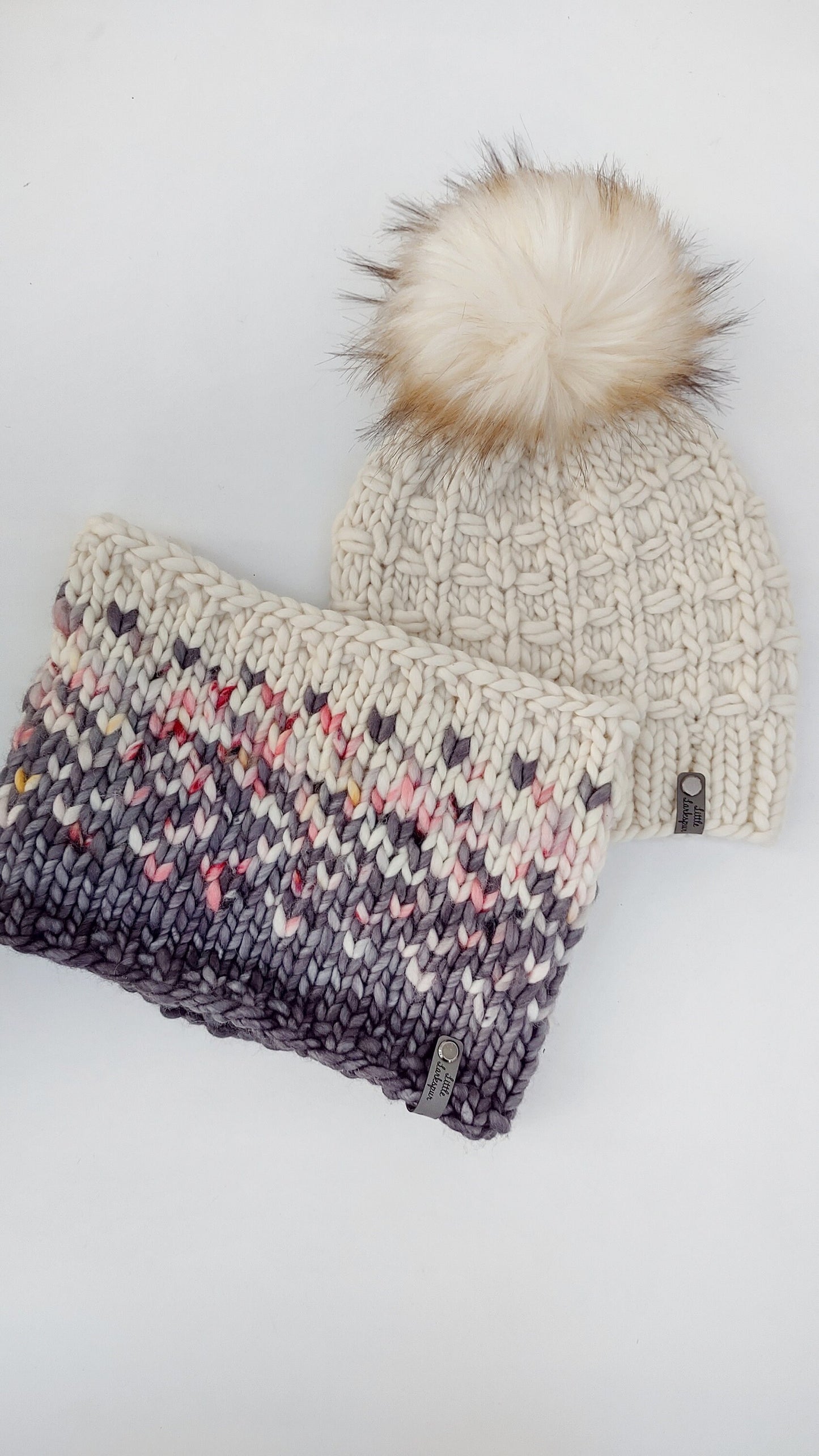 Luxury Hand Knit Cowl. Adult Fair Isle Knit Cowl. 100% Merino Wool Knit Cowl. Gray, light pink and cream Sunrise Cowl. Winter Holiday Gift
