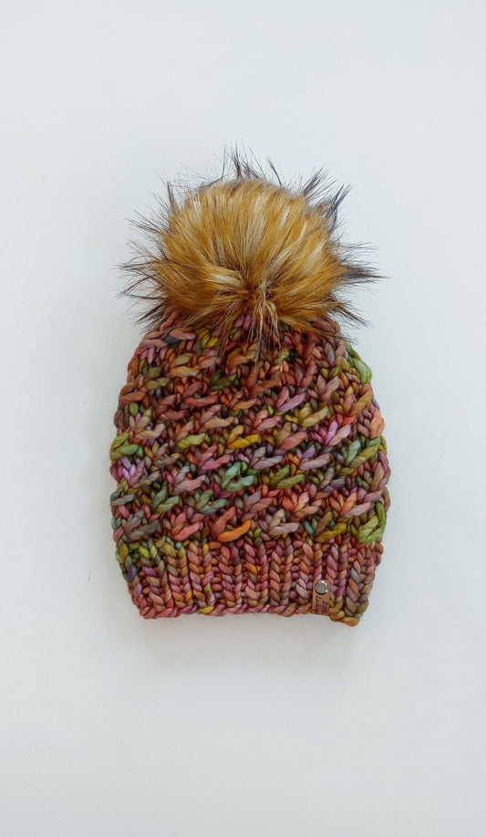 Luxury Adult Merino Wool Hand Knit Hat. Crush Hat. Soft hand knitted hat. Malabrigo Rasta. Coppery Autumn colors beanie with faux fur pom.
