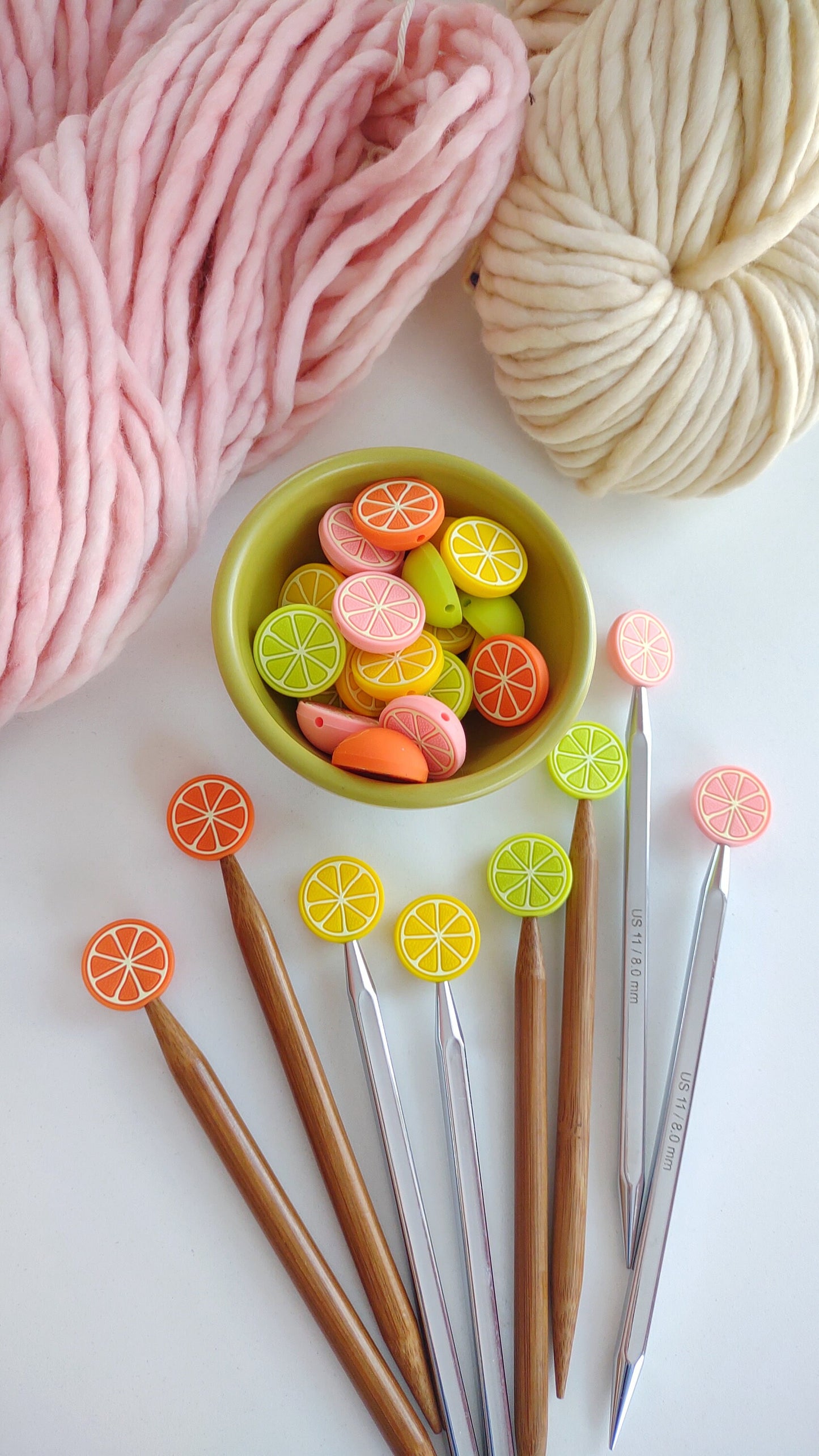 Grapefruit Knitting Needle Stitch Stoppers. Needle Protectors. Knitting Needle Stoppers. Knitting Notions, Accessories, Supplies, Tools.