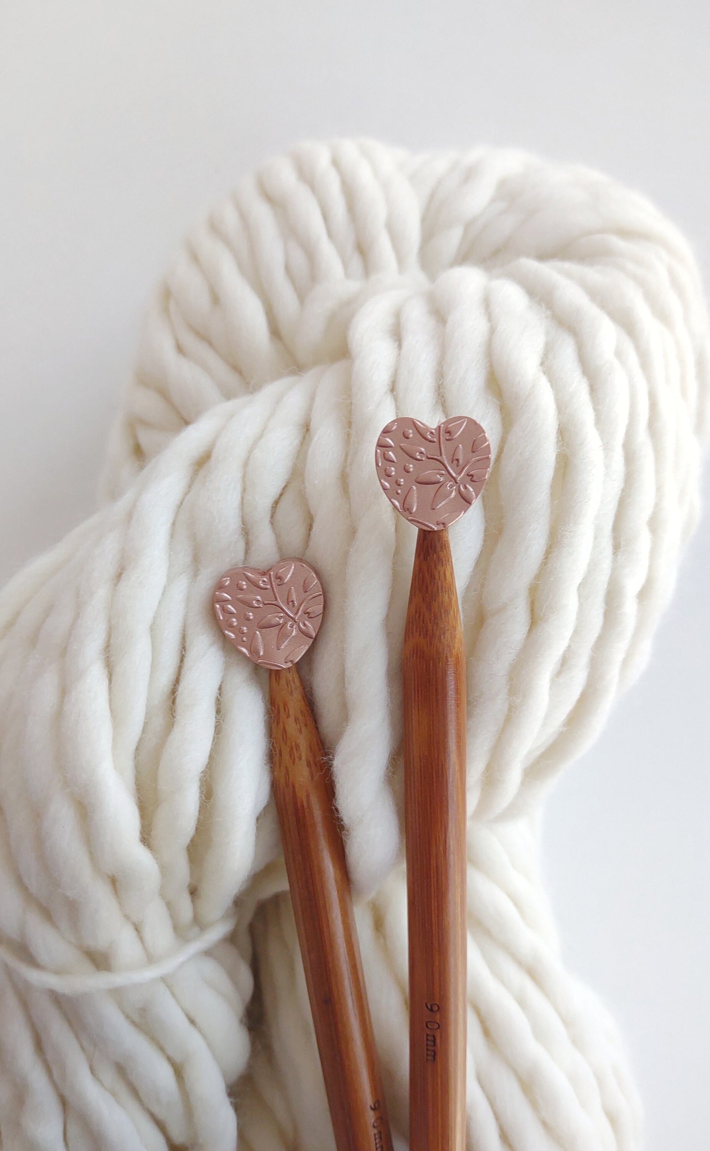 Metallic Rose Gold Embossed Heart Knitting Needle Stitch Stoppers. Needle Protectors. Knitting Notions, Accessories, Supplies, Tools.