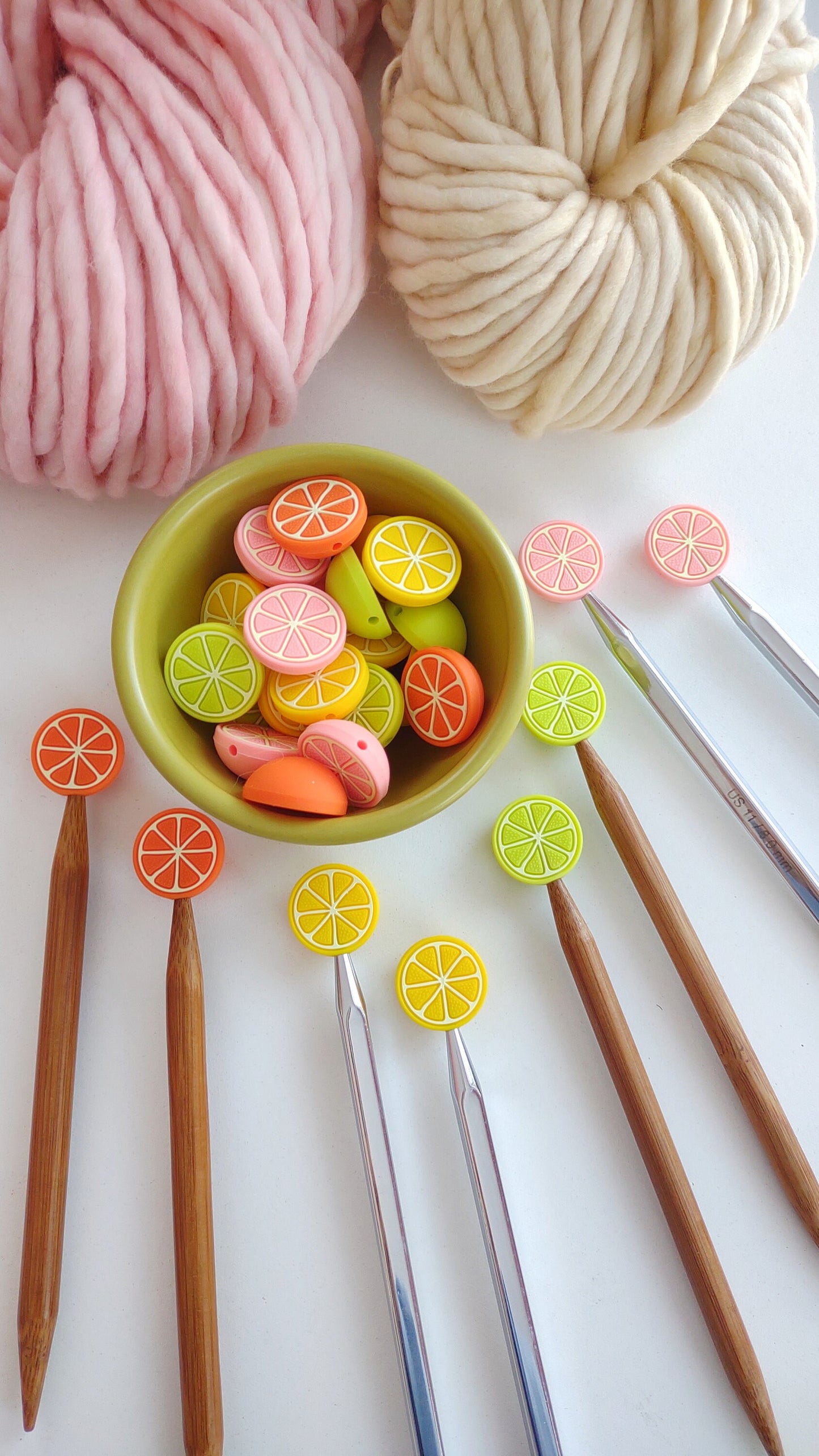 Grapefruit Knitting Needle Stitch Stoppers. Needle Protectors. Knitting Needle Stoppers. Knitting Notions, Accessories, Supplies, Tools.