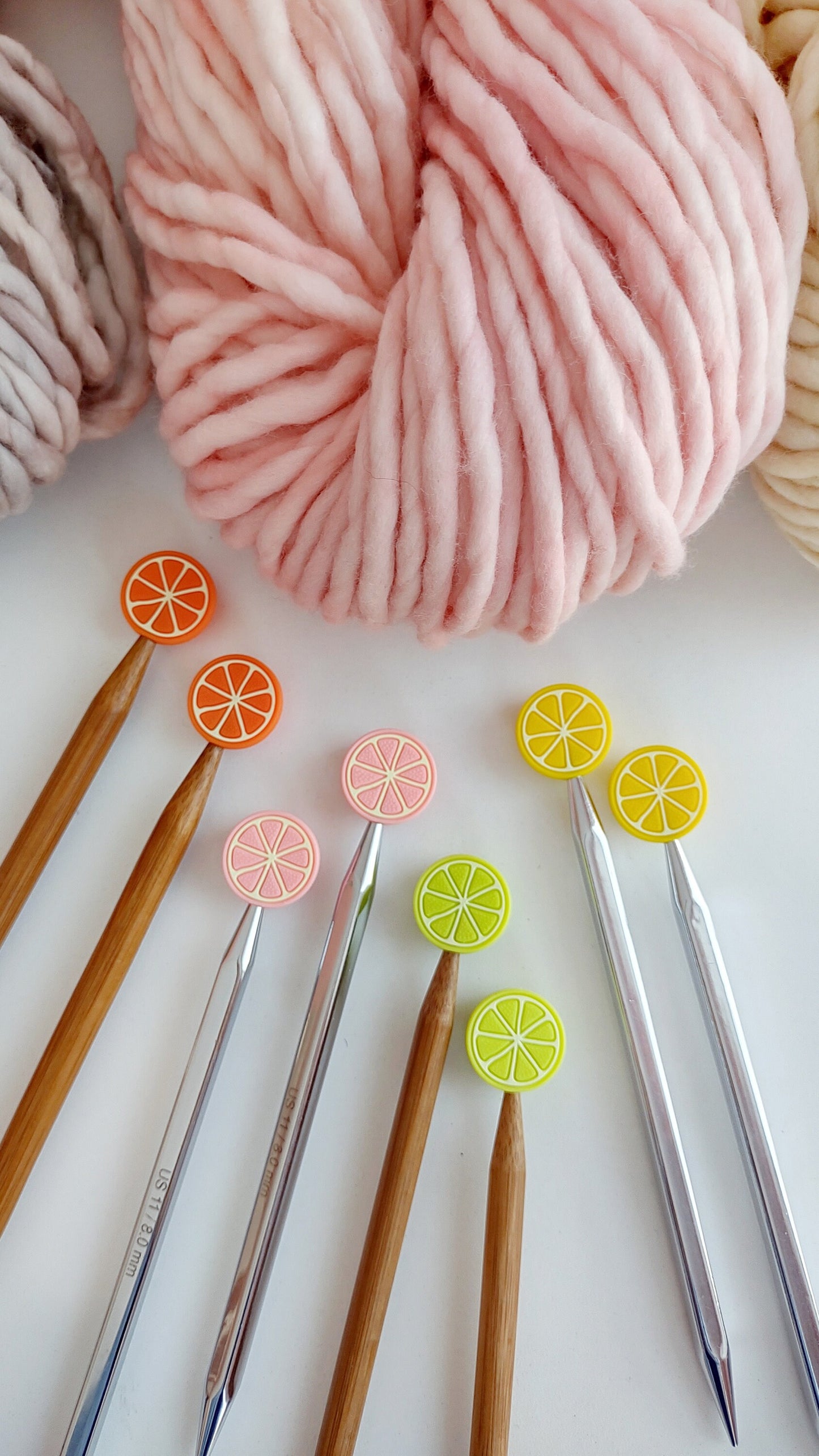 Grapefruit Knitting Needle Stitch Stoppers. Needle Protectors. Knitting Needle Stoppers. Knitting Notions, Accessories, Supplies, Tools.