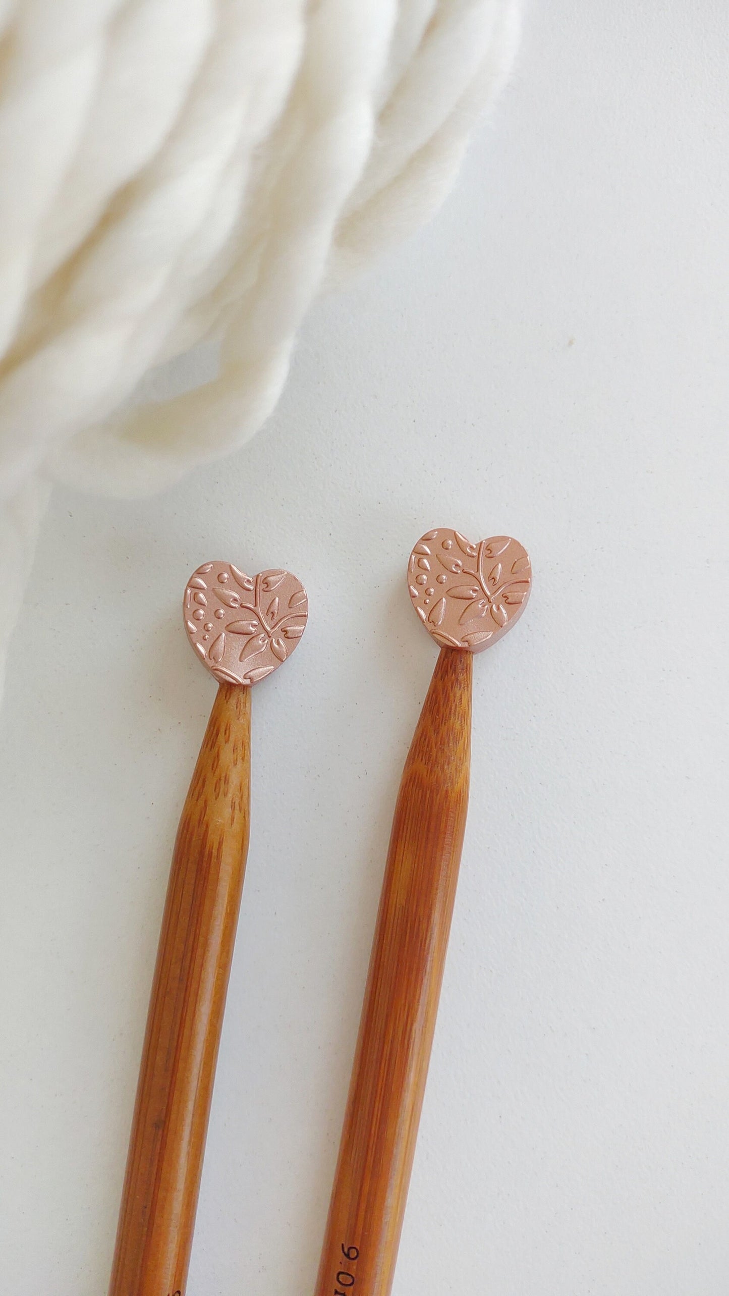 Metallic Rose Gold Embossed Heart Knitting Needle Stitch Stoppers. Needle Protectors. Knitting Notions, Accessories, Supplies, Tools.