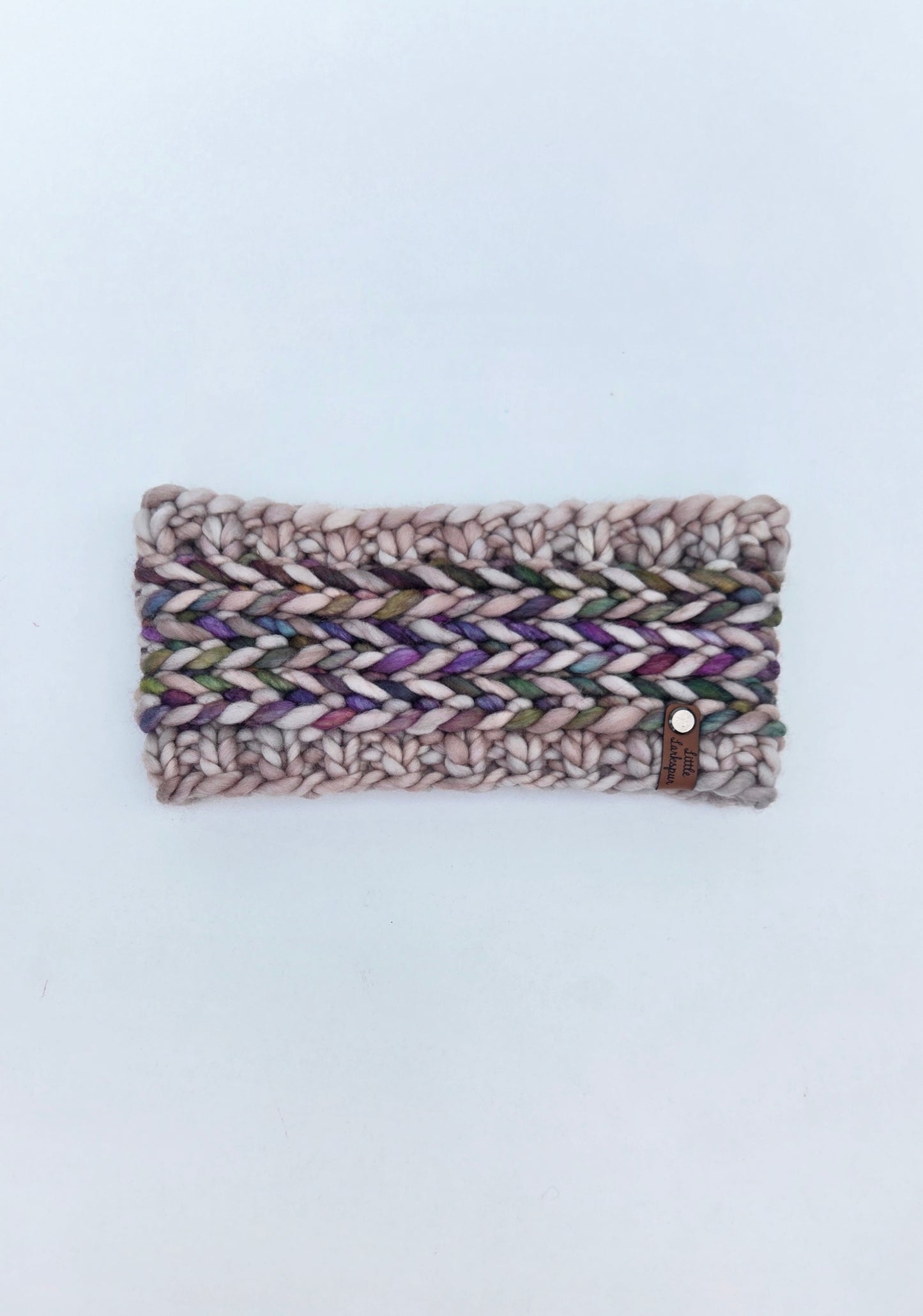 Merino Wool Adult Headband in Beige with Deep Purples & Green Colors