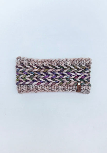 Merino Wool Adult Headband in Beige with Deep Purples & Green Colors