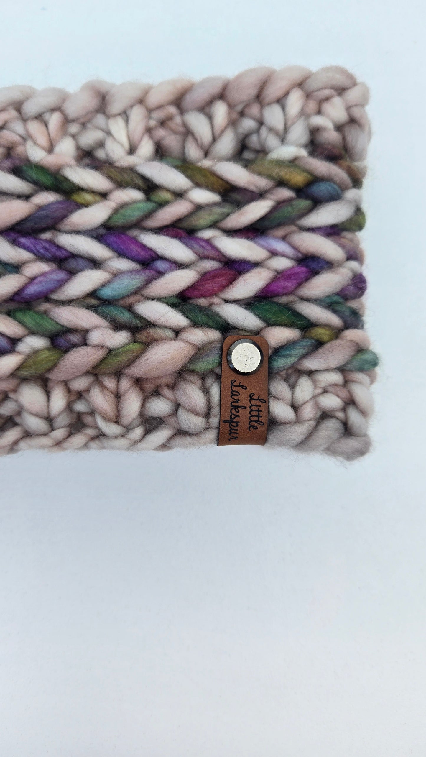 Merino Wool Adult Headband in Beige with Deep Purples & Green Colors