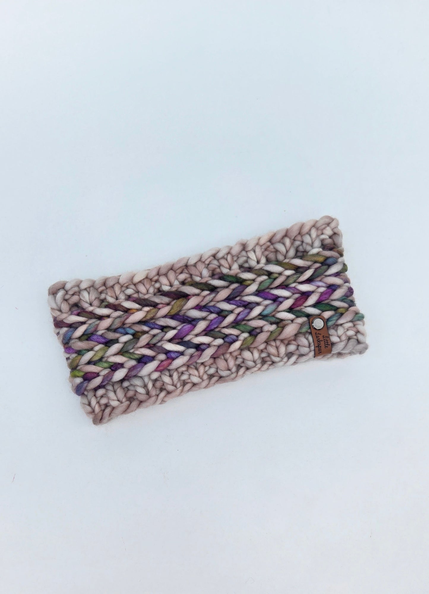 Merino Wool Adult Headband in Beige with Deep Purples & Green Colors