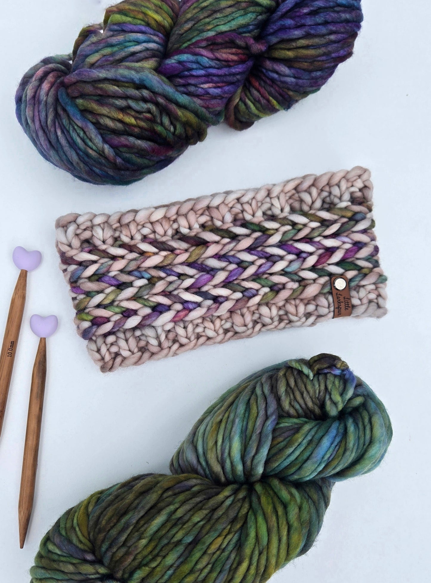 Merino Wool Adult Headband in Beige with Deep Purples & Green Colors