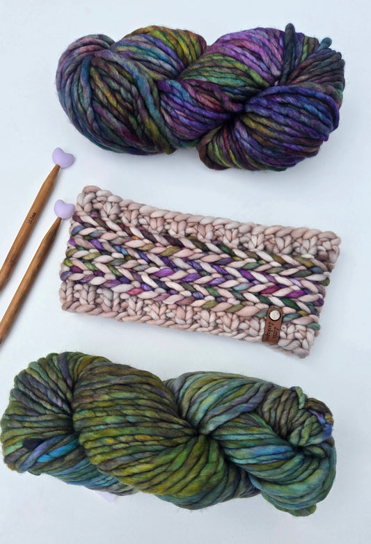 Merino Wool Adult Headband in Beige with Deep Purples & Green Colors