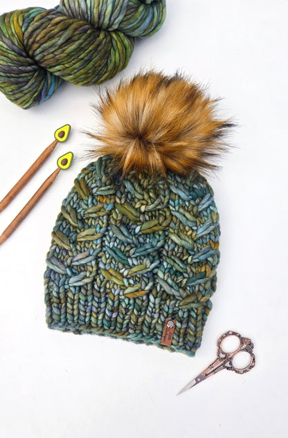 Merino Wool Adult Hand Knit Hat w/ Faux Fur Pom Pom