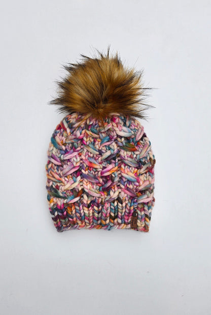 Merino Wool Adult Hand Knit Hat w/ Faux Fur Pom Pom - Molino