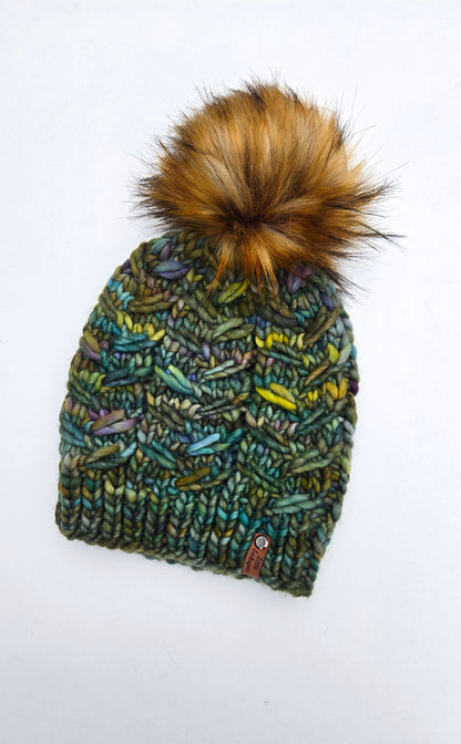 Merino Wool Adult Hand Knit Hat w/ Faux Fur Pom Pom