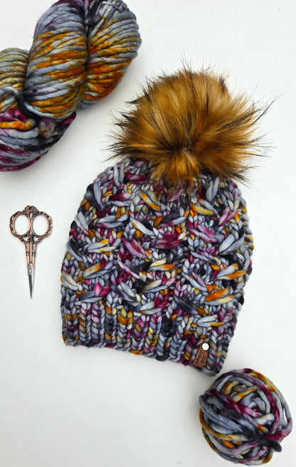 Merino Wool Adult Hand Knit Hat w/ Faux Fur Pom Pom - Tundra