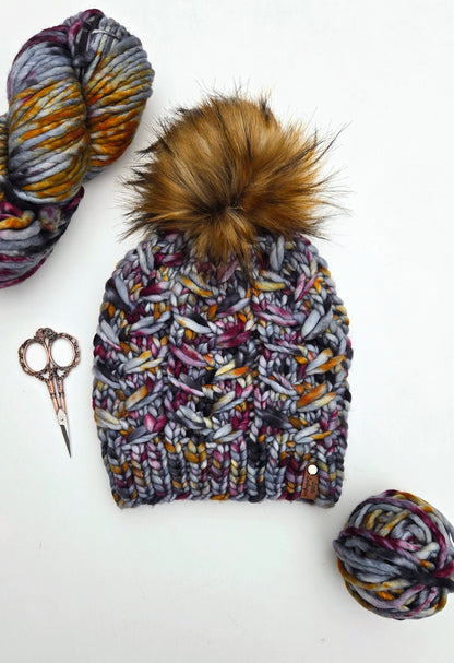 Merino Wool Adult Hand Knit Hat w/ Faux Fur Pom Pom - Tundra