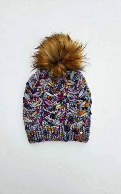 Merino Wool Adult Hand Knit Hat w/ Faux Fur Pom Pom - Tundra