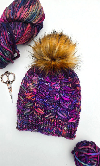 Merino Wool Adult Hand Knit Hat w/ Faux Fur Pom Pom - Anniversario