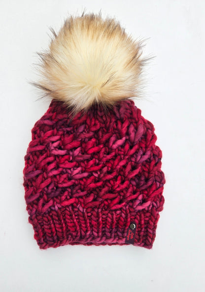 Luxury Adult Merino Wool Hand Knit Hat - Deep Red