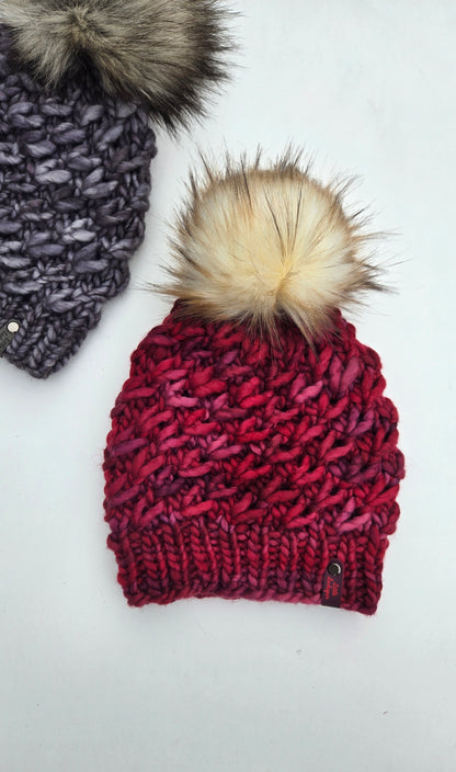 Luxury Adult Merino Wool Hand Knit Hat - Deep Red