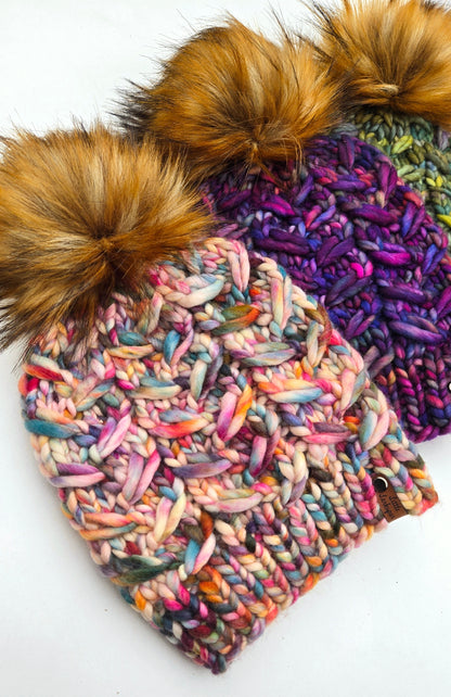 Merino Wool Adult Hand Knit Hat w/ Faux Fur Pom Pom - Molino