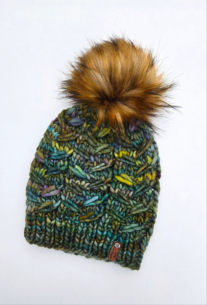 Merino Wool Adult Hand Knit Hat w/ Faux Fur Pom Pom