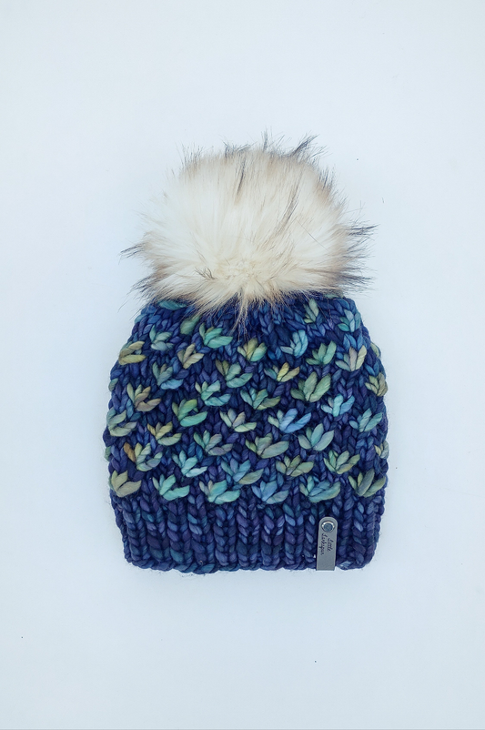 Deep Blue Handknit Adult Hat w/ Faux Fur Pom Pom