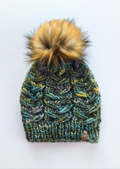 Merino Wool Adult Hand Knit Hat w/ Faux Fur Pom Pom