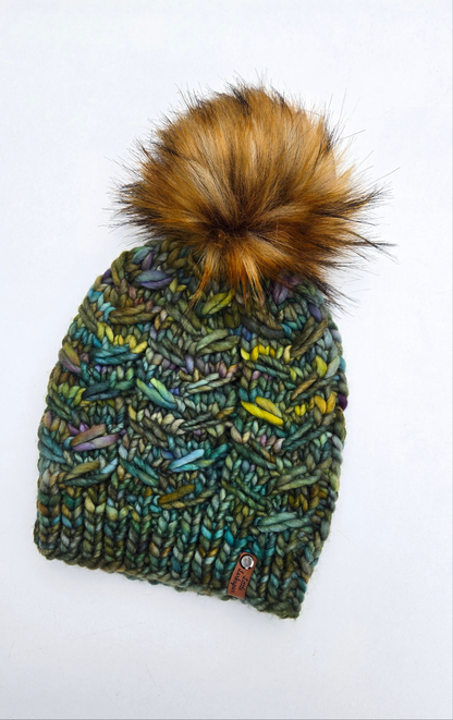 Merino Wool Adult Hand Knit Hat w/ Faux Fur Pom Pom