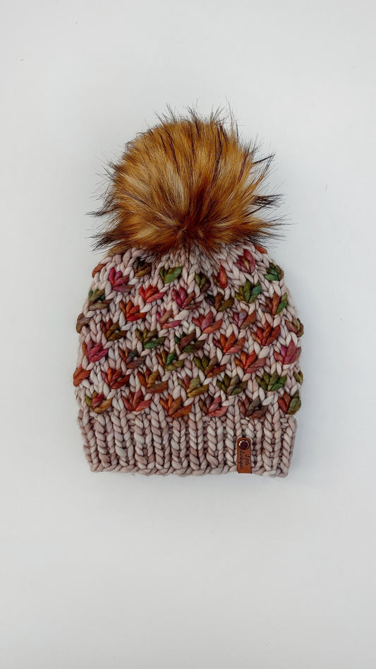 Handknit Adult Hat with Faux Fur Pom Pom. 100% Merino Wool. Lotus Flower Beanie. Mocha Warm Colors. Super Soft Winter Hat. Malabrigo Diana