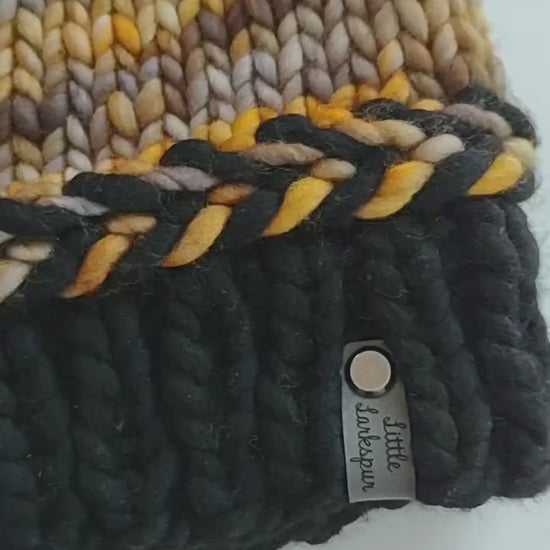 Gold and Black Merino Wool Adult Hand Knit Hat w/ Faux Fur Pom Pom