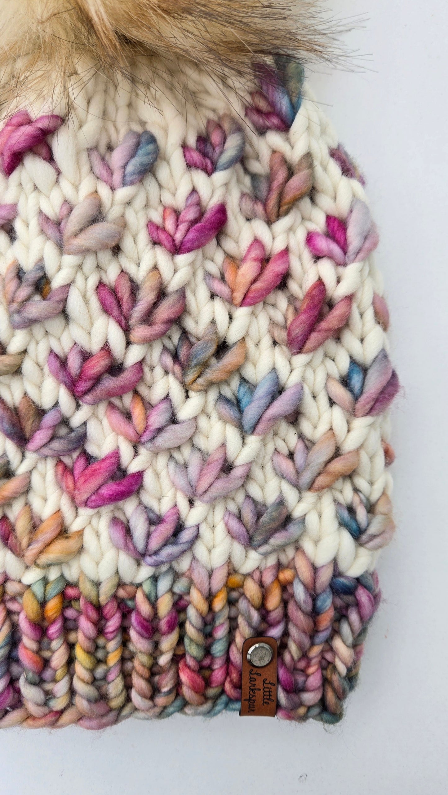 Handknit Adult Hat w/ Faux Fur Pom