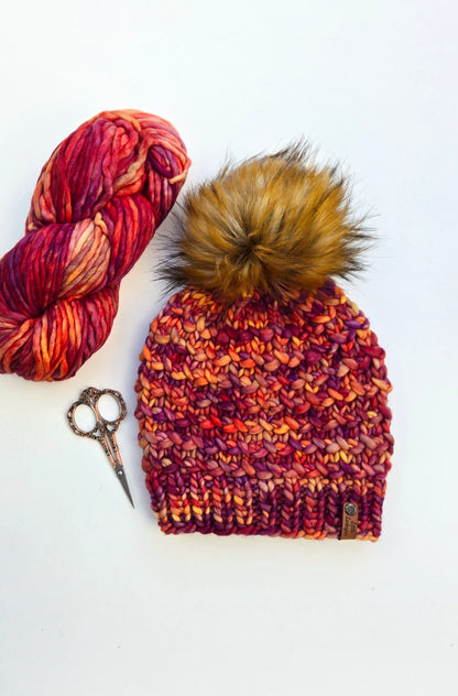 Luxury Adult Merino Wool Hand Knit Hat - Reds, Oranges, and Copper