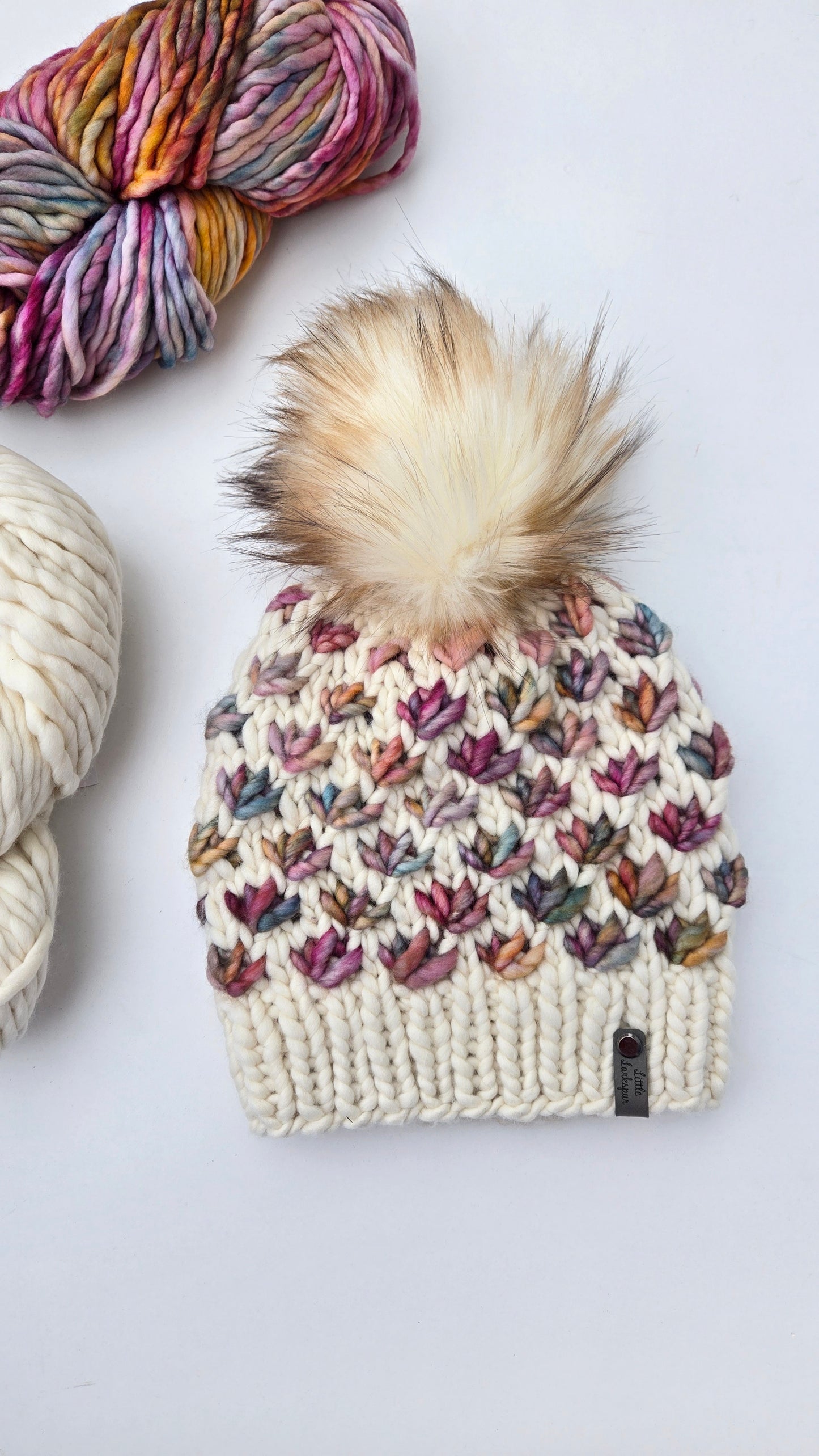 Handknit Adult Hat w/ Faux Fur Pom