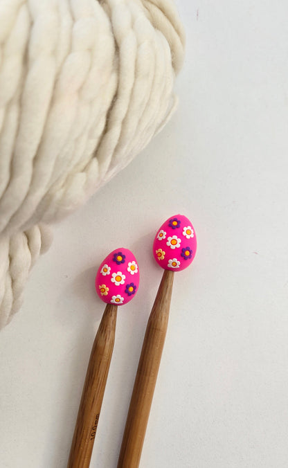Pink Floral Easter Egg Knitting Needle Stitch Stoppers