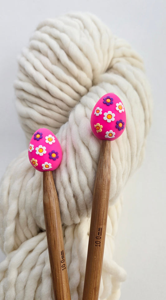 Pink Floral Easter Egg Knitting Needle Stitch Stoppers