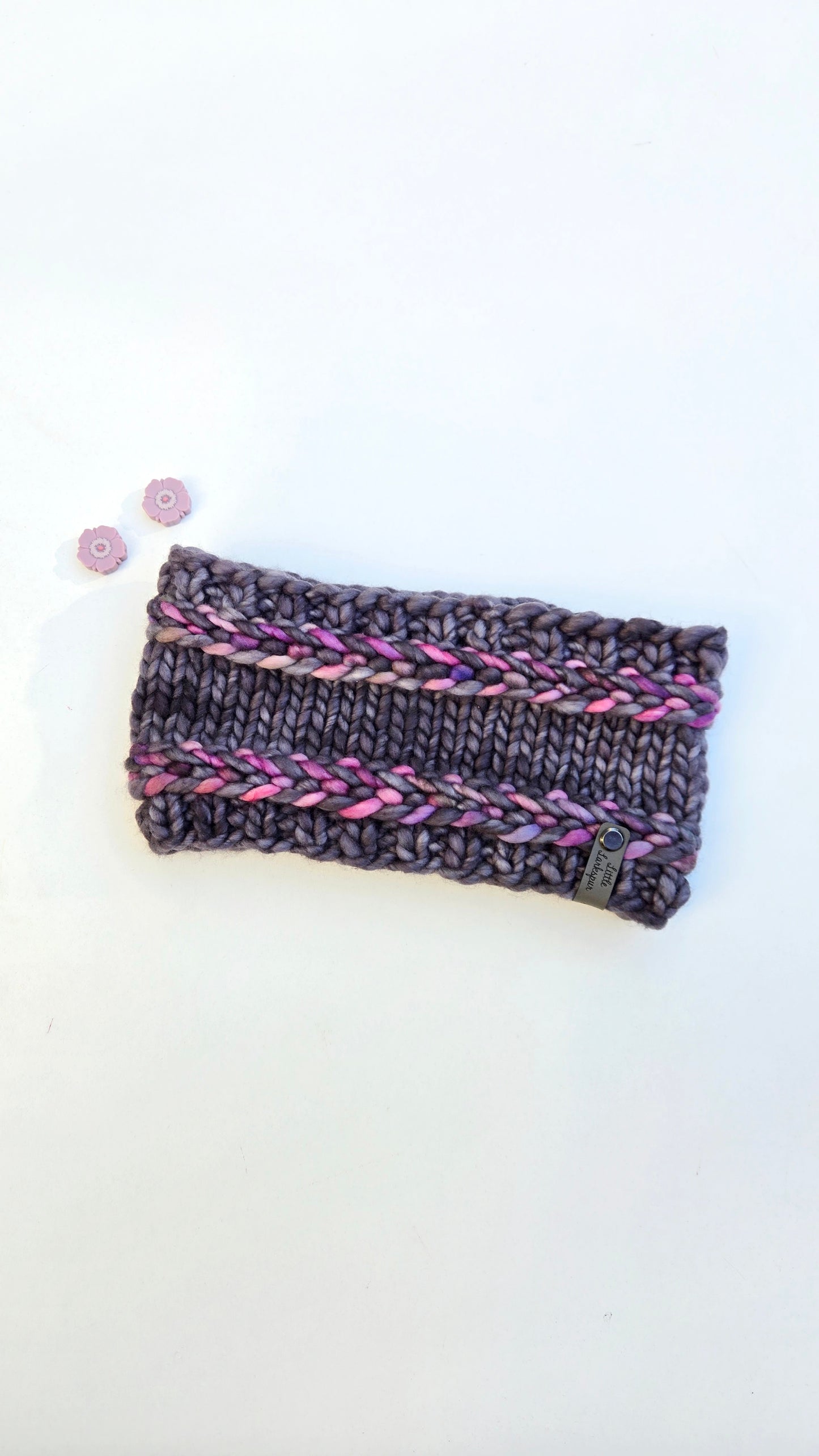 Merino Wool Adult Headband - Dark Gray, Purple Pinks