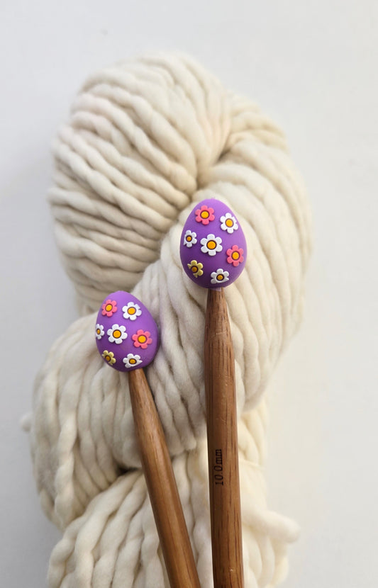 Purple Floral Easter Egg Knitting Needle Stitch Stoppers