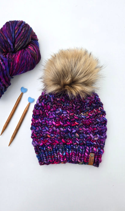 Luxury Adult Merino Wool Hand Knit Hat - Deep Purples + Blues