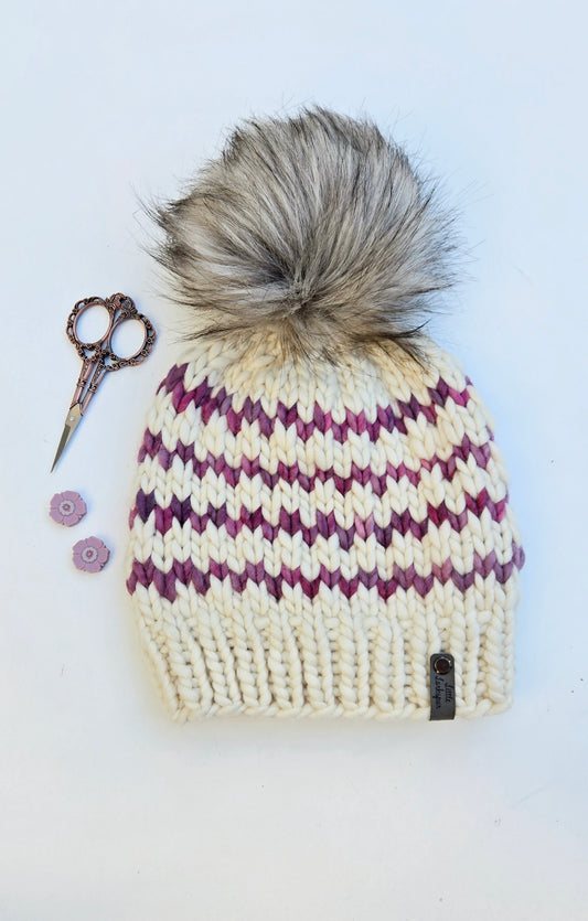 Luxury Adult Merino Wool Hand Knit Hat - White Purple Pink