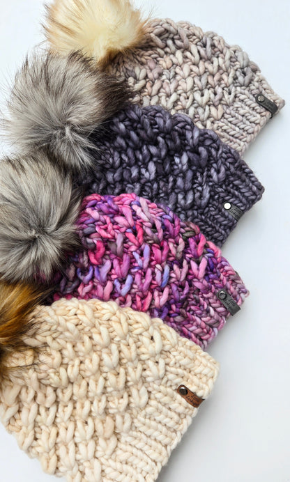 Luxury Adult Merino Wool Hand Knit Hat - Purple Pink Gray