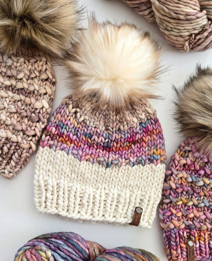 Luxury Adult Merino Wool Hand Knit Hat - Pink, Cream, Beige