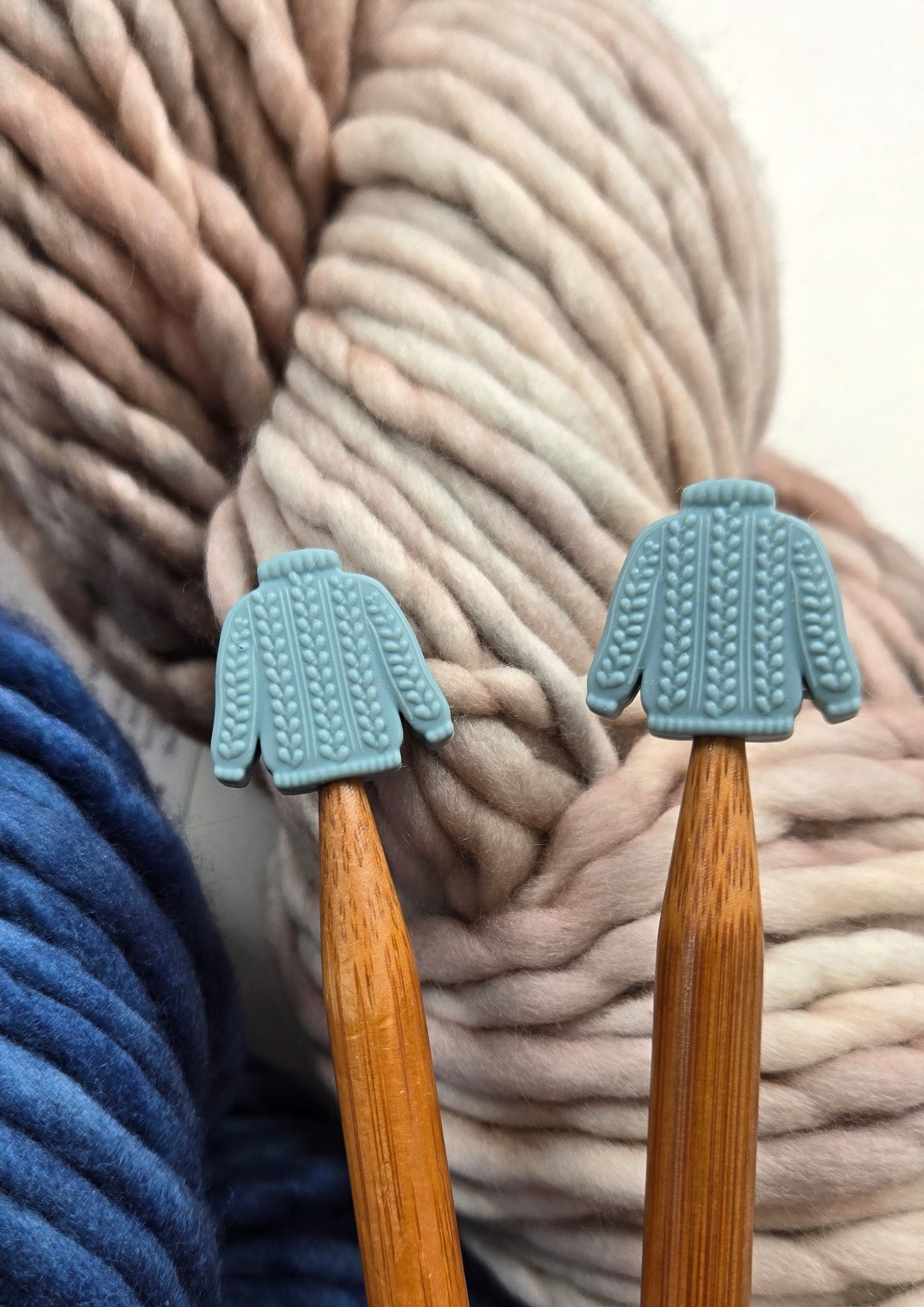 Cozy Blue Knit Sweater Knitting Needle Stitch Stoppers