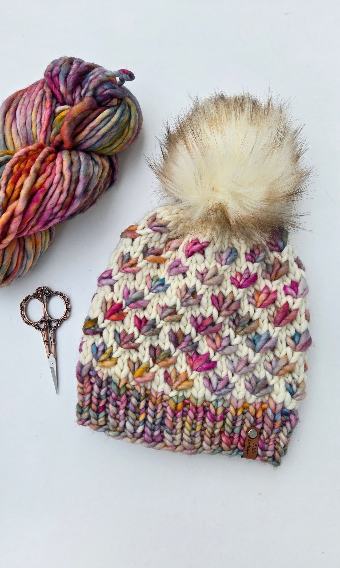 Handknit Adult Hat w/ Faux Fur Pom