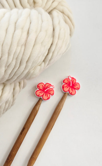 Red Hibiscus Knitting Needle Stitch Stoppers